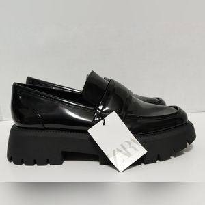 Zara Platform Loafers Black Patent Faux Leather 6.5 Chunky Lug Sole